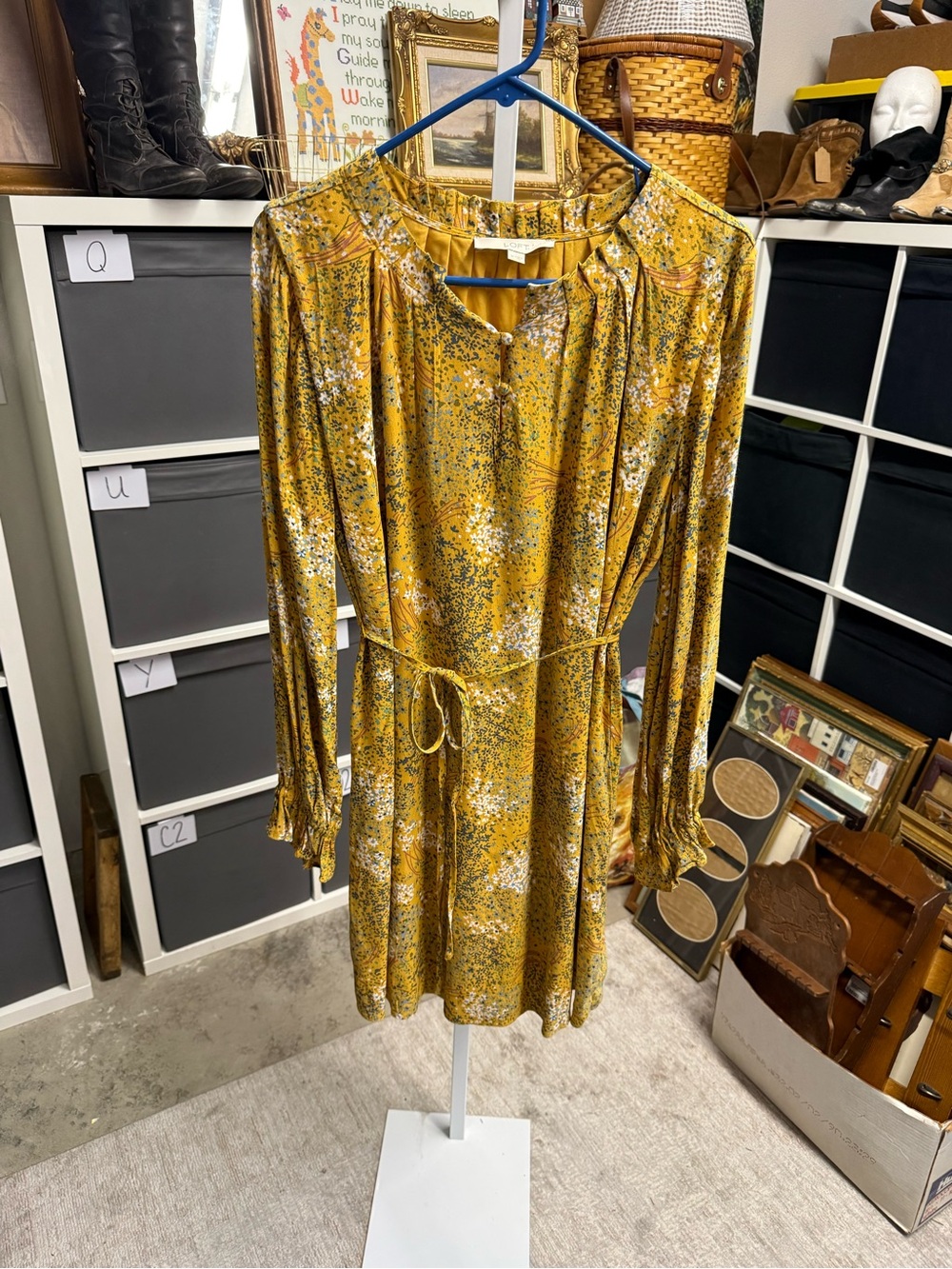Loft Mustard Floral Long-Sleeve Tie-Waist Dress